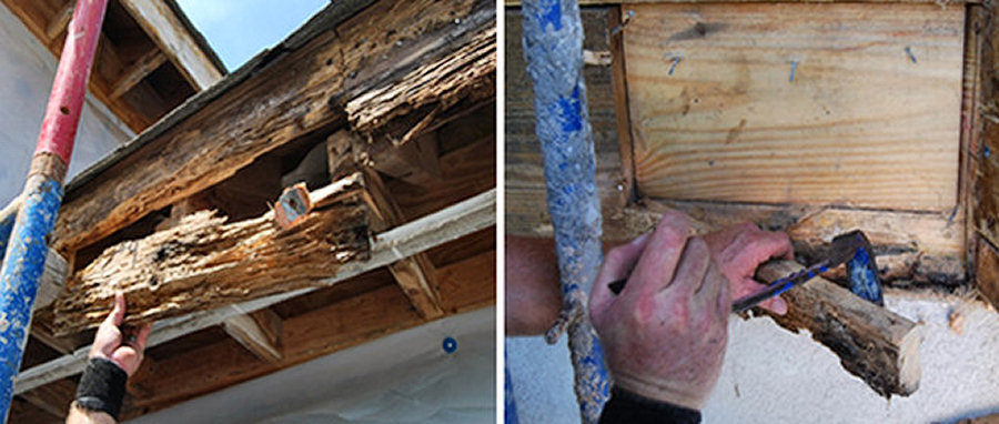 Termite damage at soffits and floor system.